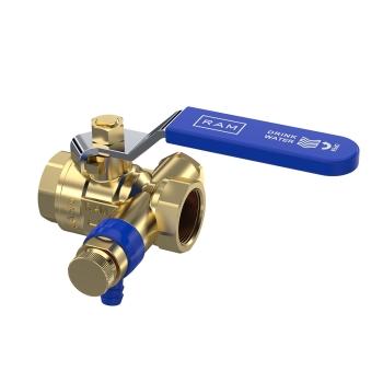 28231100000 Raminex Kogelkraan + aftapper 3/4"" Kiwa (2x bi.dr.) (messing, blauw)