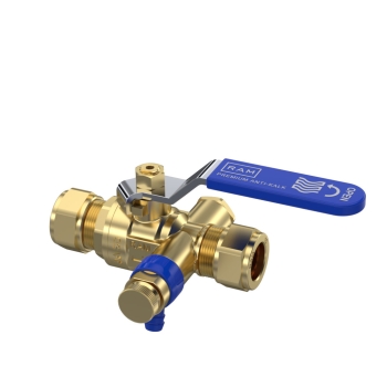 28203000000 Raminex Kogelkraan + aftapper 15mm Antikalk (2x knel, messing, blauw)